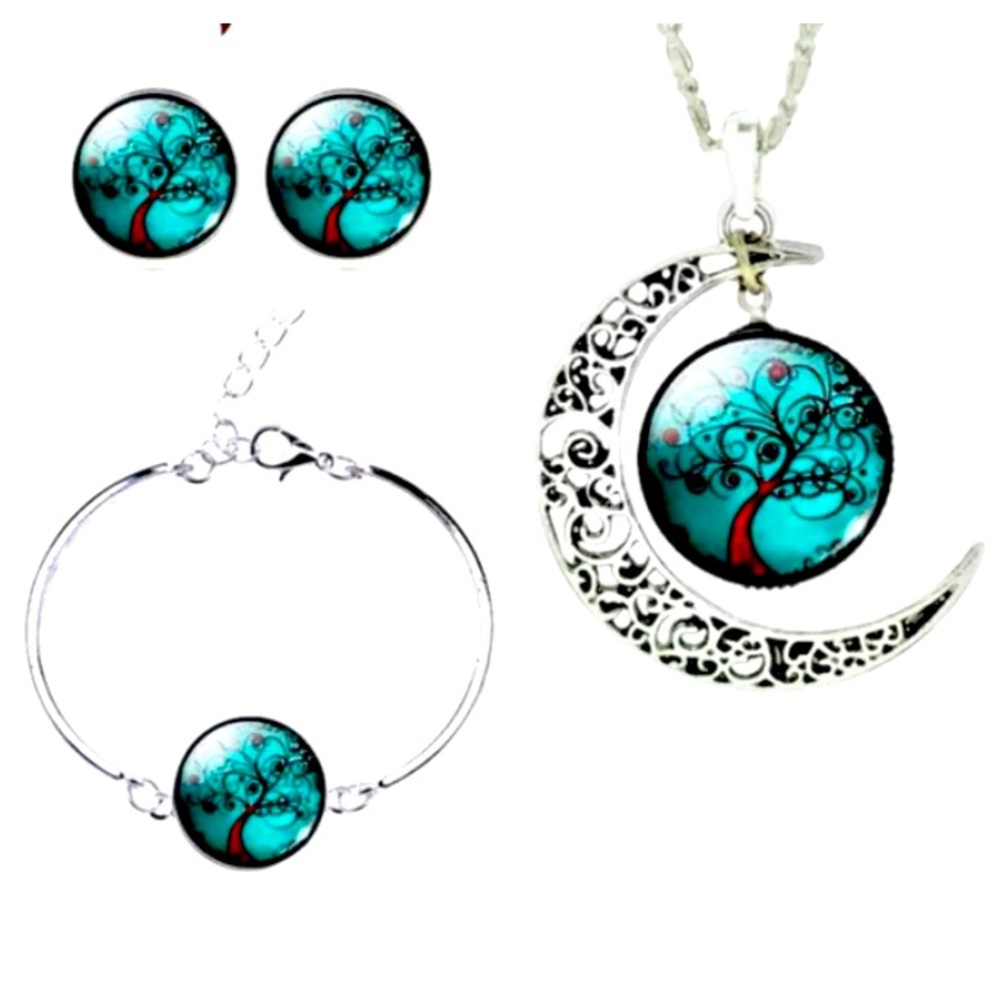 3pc. Tree of Life Crescent Moon Teal Jewelry Set